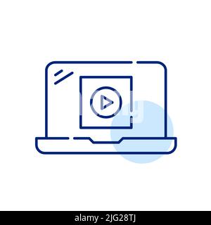 Watching video on a laptop. Pixel perfect, editable stroke line art icon Stock Vector