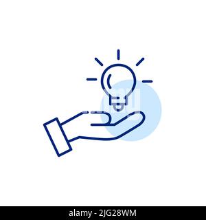Having an idea creativity process icon. Holding light bulb in a hand. Pixel perfect, editable stroke line art icon Stock Vector