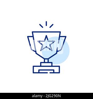 Winner shining trophy cup with a star on it. Pixel perfect, editable stroke line art icon Stock Vector