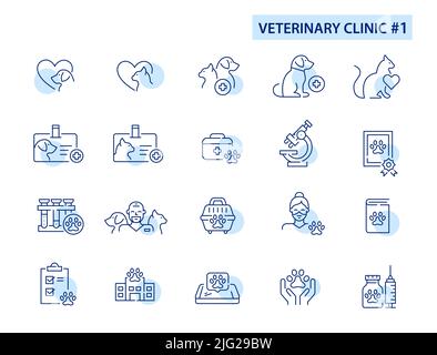 Set of veterinary clinic pet care icons. Doctor, checkup, vaccine, cat and dog love. Pixel perfect, editable stroke line art. Stock Vector