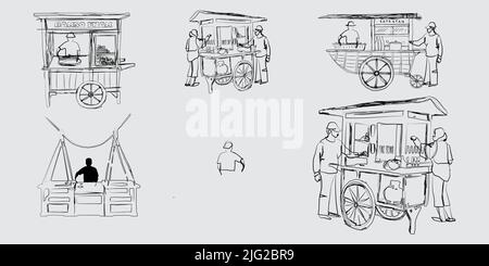 Vector illustration of  Indonesian street food cart, meatballs, soup, satay, drinks Stock Vector