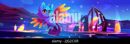 Alien world landscape with superhero cat and magic portal at night. Vector cartoon fantastic illustration of cute hero character, flying kitten with mechanical wings Stock Vector