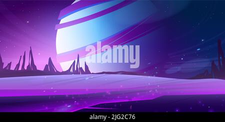 Cosmic background, alien planet deserted landscape with purple mountains, rocks, stars shine in deep space and huge sphere in sky. Extraterrestrial game scene, wallpaper, Cartoon vector illustration Stock Vector