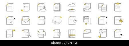 Set of doodle icons work with documents, archive storage. Isolated vector linear signs upload to the cloud, download, online transfer, printing paper, files and folders with pen, gear, clock, envelope Stock Vector