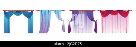 Different form curtains for windows vector cartoon set of house interior elements, window with drapes and blind isolated on white background Stock Vector