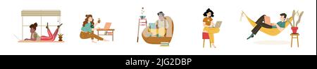 Home office set, freelancers men and women working remotely on laptops at comfortable domestic workplace. Outsourced workers, freelance, self-employed occupation Line art flat vector illustration Stock Vector