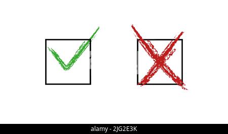Check mark green and red hand-drawn line icons. Pros and cons, yes or not, vote for and against. Flat vector illustration isolated on white background Stock Vector