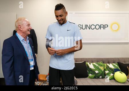 ROD LAVER, NICK KYRGIOS VISITS SUNCORP SUITE  2018 BRISBANE INTERNATIONAL, PAT RAFTER ARENA, BRISBANE TENNIS CENTRE, BRISBANE, QUEENSLAND, AUSTRALIA Stock Photo