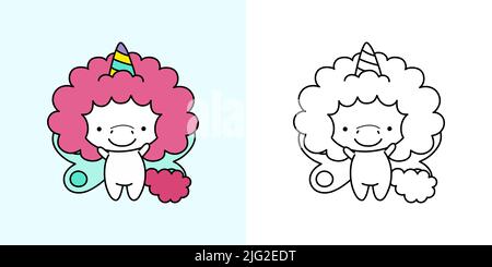 Cute Clipart Unicorn Illustration and For Coloring Page. Cartoon Clip Art Unicorn. Vector Illustration of a Kawaii for Stickers, Baby Shower, Coloring Stock Vector