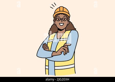 Happy African American female worker in uniform posing outdoors. Smiling biracial woman employee in helmet. Engineer occupation. Vector illustration.  Stock Vector