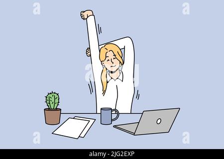 Exhausted female employee stretching sitting at desk in office. Tired woman do gymnastics and exercises at workplace. Sport activity. Vector illustration.  Stock Vector