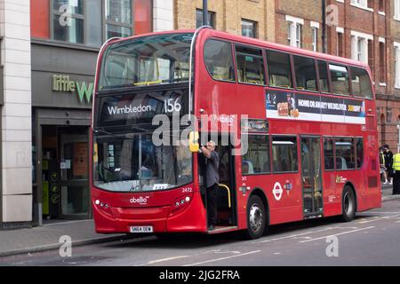 Vauxhall, London, UK. 5th July, 2022. A Number 156 at Vauxhall heading for Wimbledon. The Wimbledon tennis championships will finish on Sunday. Credit: Maureen McLean/Alamy Stock Photo