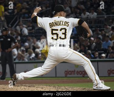 Pittsburgh, United States. 07th July, 2022. Pittsburgh Pirates shortstop Oneil  Cruz (15) reacts after string out in the seventh inning of the Yankees 16-0  win at PNC Park on Wednesday July 6