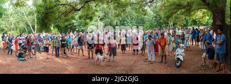 Auroville, India - 2nd July 2022: 500 aurovilians walked to the Banyan tree in response to the threat Auroville is currently facing and to support the Stock Photo