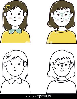 Minimal Face Girl. Simple female character face or profile in outline and saturated color Stock Vector
