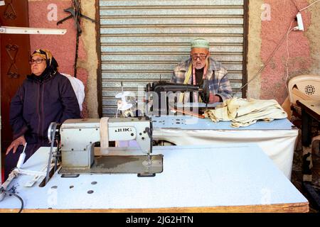 Morocco Meknes. The tailor in the souk Stock Photo