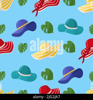 Bbeautiful women's summer hats seamless pattern. Stylish summer female headwear. A fashion accessory for a vacation at sea in hot countries. Flat vect Stock Vector