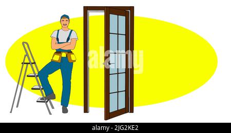 Locksmith Door Repair Fix Or Install Lock Black Line Pencil Drawing Vector. Repairman Repairing, Installing Or Changing Lock. Character Service Worker Stock Vector