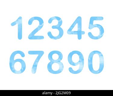Baby numbers watercolor blue sky set vector illustration. Digits, collection of figures. Paint splash for boy design. Cute funny tender isolated icons Stock Vector