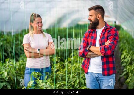 Organic greenhouse business. Family farmers are standing in their vegetable and fruit garden. Stock Photo