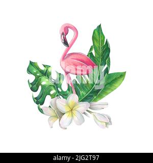 Pink flamingo with tropical palm leaves and plumeria flowers. Watercolor illustration. For the design and decoration of postcards, posters, souvenirs Stock Photo