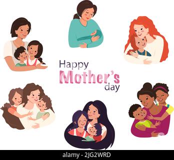 Mom hugs the child. Happy mother day. Woman and baby. Family care and love. Cheerful people of different nationalities, with different skin and hair colours. Parent, boy and girl. Vector illustration Stock Vector