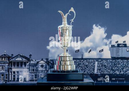 Edinburgh, United Kingdom. 06 July, 2022 Pictured: The Claret Jug which will be contested at the 150th British Open Golf Championships at St Andrews on display at the City Arts Centre in Edinburgh as part of a tour in partnership with HSBC. Credit: Rich Dyson/Alamy Live News Stock Photo