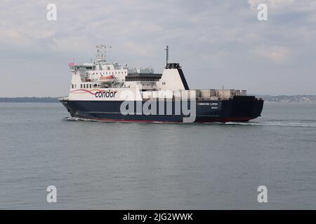 The Condor Ferries vessel COMMODORE CLIPPER heading into The Solent after leaving the International Port Stock Photo