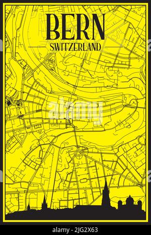 Golden printout city poster with panoramic skyline and hand-drawn streets network on yellow and black background of the downtown BERN, SWITZERLAND Stock Vector