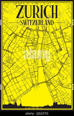 Golden printout city poster with panoramic skyline and hand-drawn streets network on yellow and black background of the downtown ZURICH, SWITZERLAND Stock Vector