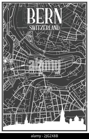 Dark printout city poster with panoramic skyline and hand-drawn streets network on dark gray background of the downtown BERN, SWITZERLAND Stock Vector