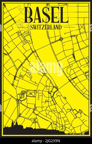 Golden printout city poster with panoramic skyline and hand-drawn streets network on yellow and black background of the downtown BASEL, SWITZERLAND Stock Vector