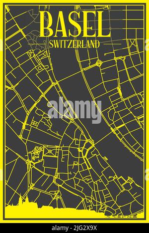 Yellow printout city poster with panoramic skyline and hand-drawn streets network on dark gray background of the downtown BASEL, SWITZERLAND Stock Vector