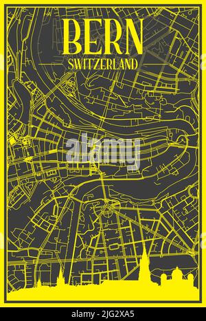 Yellow printout city poster with panoramic skyline and hand-drawn streets network on dark gray background of the downtown BERN, SWITZERLAND Stock Vector