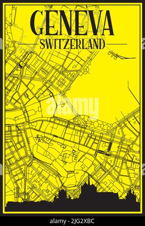Golden printout city poster with panoramic skyline and hand-drawn streets network on yellow and black background of the downtown GENEVA, SWITZERLAND Stock Vector