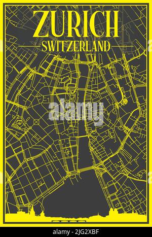 Yellow printout city poster with panoramic skyline and hand-drawn streets network on dark gray background of the downtown ZURICH, SWITZERLAND Stock Vector
