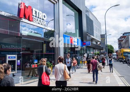London- June 2022: Metro Bank- modern British high street retail & commercial bank- Hammersmith Branch Stock Photo
