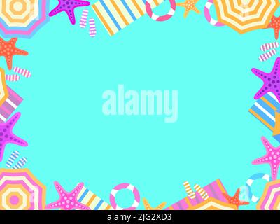 Beach frame, top view. Beach umbrellas and flip flops with starfish in flat style. Design a template for invitation, flyer and greeting card with spac Stock Vector