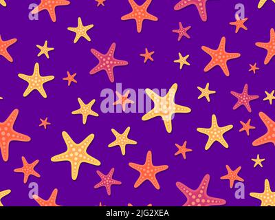 Seamless pattern with colorful starfish on a violet background. For promotional products, wrapping paper and printing. Vector illustration Stock Vector
