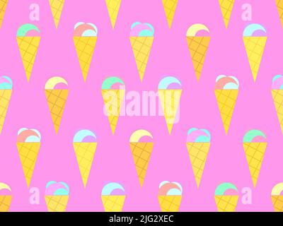 Ice cream cone seamless pattern. Ice cream in a wafer-style cone. Summer background with ice cream in pop art style. Design for banners, promotional p Stock Vector