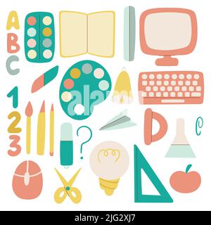 School supplies set vector illustration. Back to school with stationery. Hand drawn schoolchild items. Clipart book, scissors, ruler, computer, pen, p Stock Vector