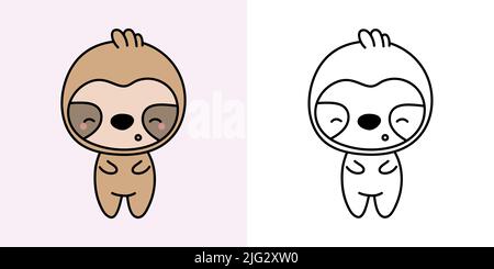 Set Clipart Sloth Coloring Page and Colored Illustration. Clip Art Kawaii Sloth. Vector Illustration of a Kawaii Animal for Coloring Pages, Prints for Stock Vector