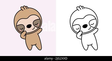 Set Clipart Sloth Multicolored and Black and White. Kawaii Clip Art Sloth. Vector Illustration of a Kawaii Animal for Prints for Clothes, Stickers Stock Vector