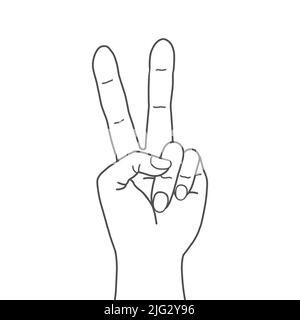 Hand silhouette drawing of two fingers in a peace sign with a simple black line. Stock Photo