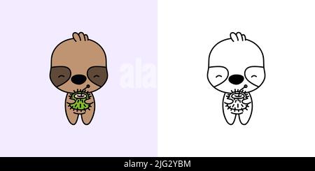 Set Clipart Sloth Coloring Page and Colored Illustration. Clip Art Kawaii Sloth. Vector Illustration of a Kawaii Animal for Coloring Pages, Prints for Stock Vector