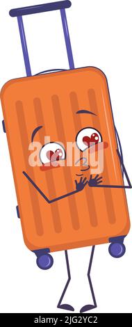 Cute character of vacation suitcase falls in love with eyes hearts, kiss face, arms and legs. The funny or smile emotions luggage. Vector flat illustration Stock Vector