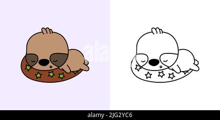 Clipart Sloth Multicolored and Black and White. Cute Clip Art Sloth. Vector Illustration of a Kawaii Animal for Stickers, Baby Shower, Coloring Pages Stock Vector