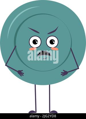 Cute plate character with angry emotions, face, arms and legs. The funny or grumpy dish with eyes for a cafe. Vector flat illustration Stock Vector