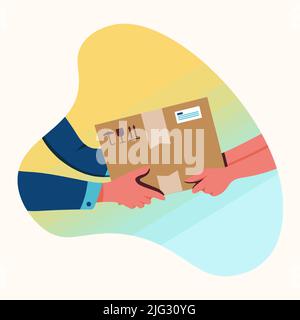 Delivery of goods passes from hand to hand with a box Stock Vector