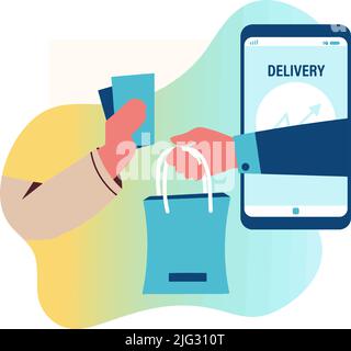 Delivery of goods from the online store hand with a parcel and a mobile application on the background Stock Vector
